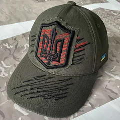 Кепка хакі у стилі гранж з червоно-чорною вишивкою